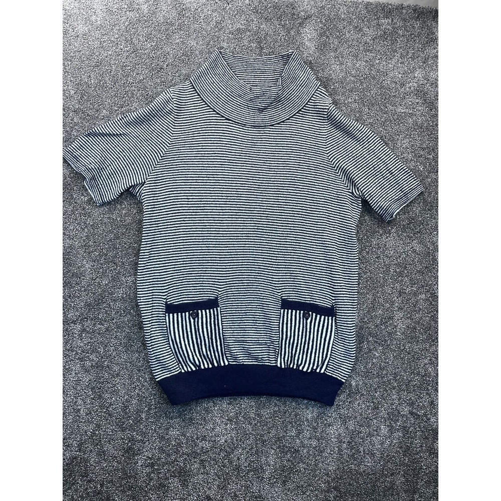 Anthropologie Moth Sweater Womens M Stripe Short Sleeve Cowl Neck Pocket Blue